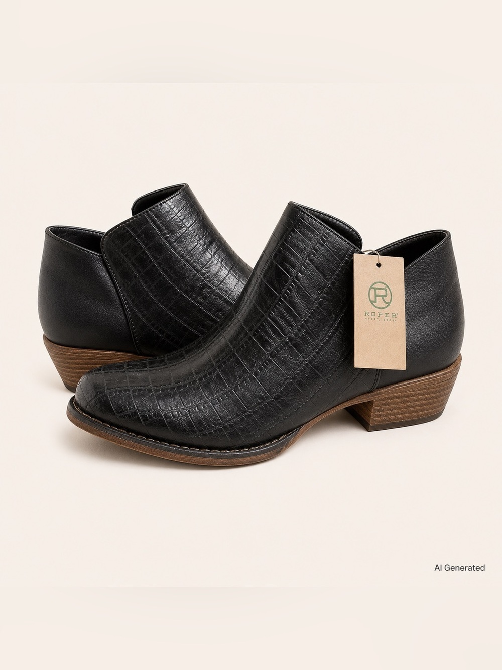 Roper Black Sofia Croc-Embossed Leather Ankle Boot
